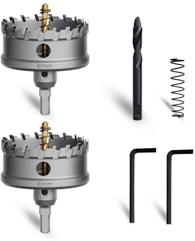 METOTY 2 Stück 80mm lochsäge metall，Hartmetall Lochsäge,Hartmetall Bohrer,mit Ein zusätzlicher nitrierter Stufenführungsbohrer gratis und L-Wrench,für Stahl Eisen Aluminum Metall