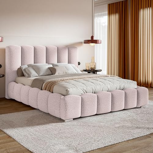 MOTIVENA Grand Bubble Bett 160x200 Rosa Boucle, mit Stauraum, mit Kopfteil, mit Lattenrost, mit Füßen, ohne Matratze, Bubble Polsterbett 160x200 mit Bettkasten Rosa