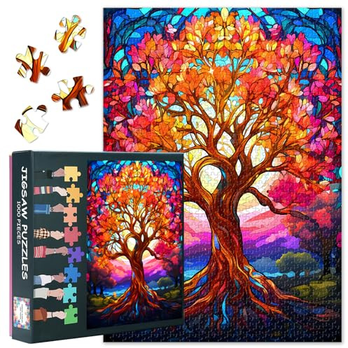 Tree of Life Glass Art 1000-Piece Puzzle - 50x70cm Intricate Stained-Glass Design, Mindfulness Puzzles for Adults, British Landscape Inspired Unique Gift