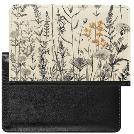 Reisepasshülle mit Kartenfächern, Leder, Kohlmuster, wasserdicht, Reisepasshülle für Reisen, Botanische Gravur von Blumenkräutern, Einheitsgröße