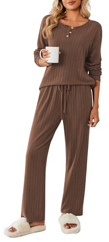 Ekouaer Womens Pyjamas Set Nightwear Ladies Ribbed 2 Piece Outfits Loungewear Sets Leisure Suits Long Sleeve with Pockets, Brown, XXL