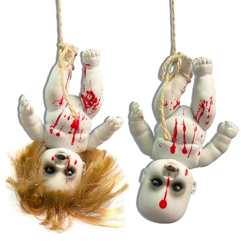 SWEETBIUTI Halloween gruselige Puppe, 2pcs gruselige blutige Spukpuppe, hängende Zombies -Puppen mit Seil, Junge ＆ Mädchen Horror Geisterpuppen für Halloween Party Wall Haunted House Requisiten