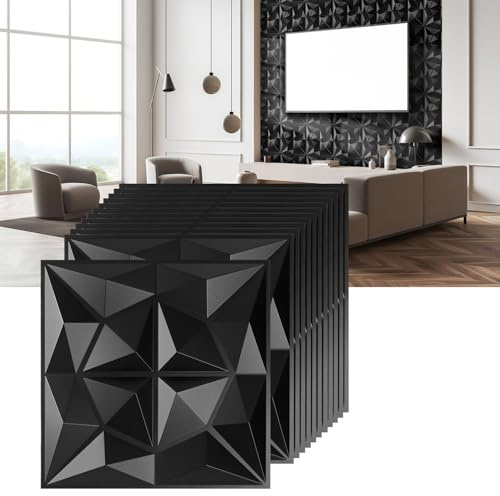 Jopassy Lot de 12 panneaux muraux 3D diamant - 50 x 50 cm (3 m²) - Panneaux muraux 3D - En PVC - Non déformable - Imperméable - Résistant à la chaleur - Noir mat