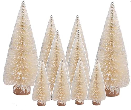 Ashuxxn 10 Stück Künstlicher Weihnachtsbaum Mini Weihnachtsbaum Desktop Weihnachtsbäume Künstlicher Kiefernbaum mit Holzsockel 10/15/20cm für Tischdeko, DIY Weihnachtsdeko, Schaufenster (Beige)