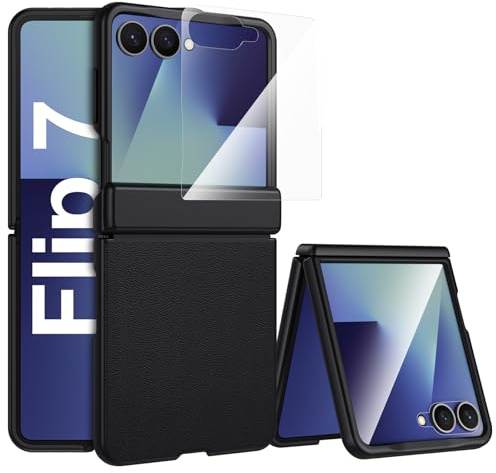 spoovcto for Samsung Galaxy Z Flip 7 Leather Case: Soft Nappa Leather Case with Magnetic Hinge Protection & Built-in HD Screen Protector, Shockproof Anti-Scratch Phone Cover for Galaxy Flip7, Black
