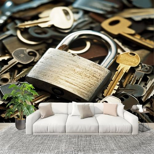 Carta Da Parati Artistico Fotomurale Lucchetto e Chiave In Metallo Poster Gigante Da Parete Per Camera Da Letto, Soggiorno,Corridoio Metallo Decorazione D'interni Murale 250x175 cm