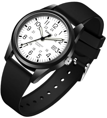 Kakabi Men's Easy to Read Watch, Unisex Military Sport Analog Quartz Casual Wristwatch with Comfortable Silicone Strap, 24 Hour Time, 30M Water Resistance