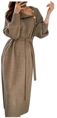 Vestidos de punto baratos elegante vestido de suéter para mujer, cuello alto, manga larga, con botones, vestido largo suelto con cinturón, suéter sexy, caqui, S
