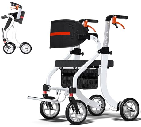 3-in-1 Aluminium Rollator Rollstuhl Faltbar und Leicht mit Sitz, Höhenverstellbar Gehhilfe, 9,3 kg Leichtgewicht Reiserollator Schmal für Wohnung, Rollatoren mit Aufbewahrungstasche (Weiß)