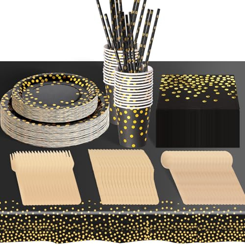 hailstones 226 Stück Schwarz Gold Pappteller Besteck Set, Einwegteller ​Papier Geschirr Set mit Gabeln, Messer, Löffel, Teller, Becher, 25 Gäste Partygeschirr Set für Geburtstag, Hochzeiten, Jubiläums