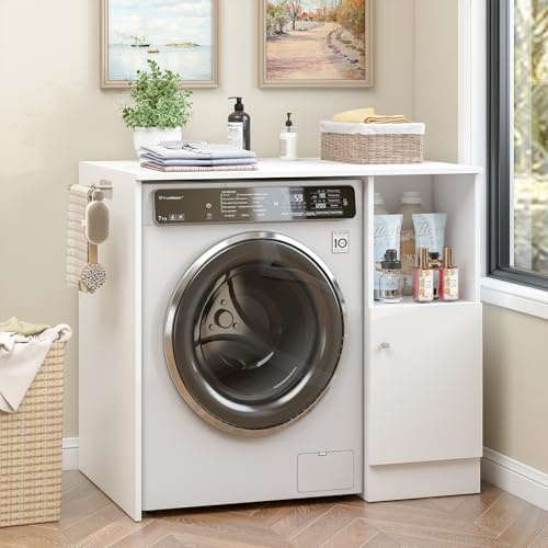 Waschmaschinenschrank,Überbauschrank für Waschmaschine und Wäschetrockner,platzsparender Badezimmerschrank mit Offenes Fach&Schrank&Seitenstange,Waschmaschinenregal,Trockner Schrank,für Bad,Weiß