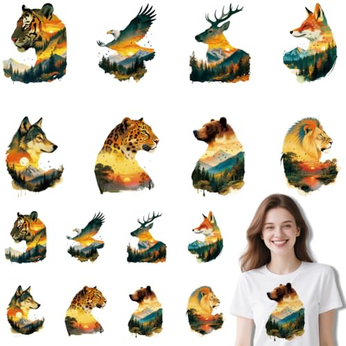 ANATTASOUL 16Pcs Tierlandschaften Bügelbilder Für Textilien für Kleidung | 6.5 x 8 CM/18 x 22 CM Schnell & Einfach Bügelbild DIY Sticker zum Aufbügeln Bügelbilder Erwachsene für Hosen, Hüte, Taschen