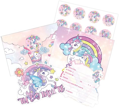 12er Pack Einhorn Geburtstagseinladungen Mädchen, Einladungskarten, 12 Envelopen, 12 passende Einhorn Aufklebern