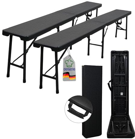 CHEFGASTRO 2er Set Bierbank klappbar Klappbank Outdoor wetterfest mit Tragegriff Campingbank faltbar 8 Personen Kunststoff Rattan Optik Schwarz Faltbank Sitzbank für Garten Terrasse und Balkon
