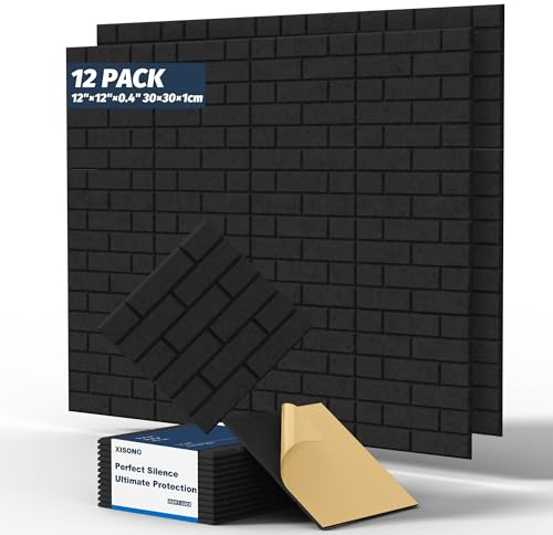 12 Pack soundproof wall panels, Self adhesive square sound proofing panels, 12×12×0.4 high-density Brick Acoustic wall panels, non-toxic waterproof flame-retardant, living rooms, and wall surfaces.