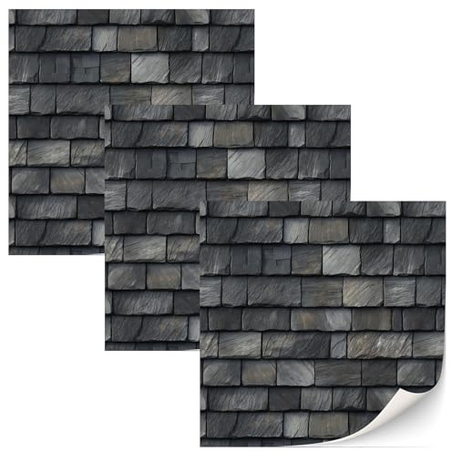 3 Sheets Black Rectangular Self-Adhesive Roof Tile Wallpaper 1:12 Dollhouse Shingles Contact Paper Peel-&-Stick Miniature Roofing Sheet DIY Craft Decal for Model Building Furniture Refresh (Grey)