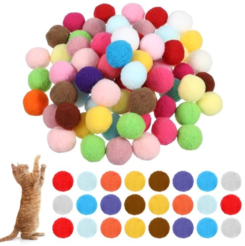 Ouligay 70 PCS 1inch Silent Cat Pom Pom Balls for Cats, Cat Toy Balls Colorful Interactive Lightweight Soft Plush Pet Ball, Fuzzy Toy Ball for Kitten Toys for Indoor Cats Kitten Playing Exercising