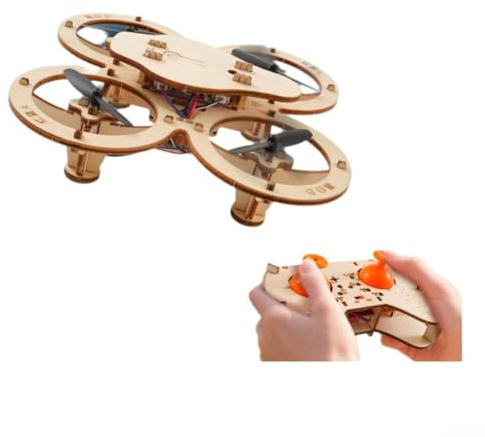 Holz Drohnen Modellbausatz, mit 4-Achsen Flugtechnik für Kinder und Erwachsene, DIY Fernbedienter Quadrocopter zum Selberbauen, Indoor und Outdoor Flugspaß, Natürliche Holzfarbe 24x19x5 cm