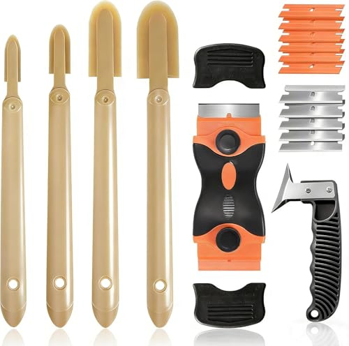 6 Pcs Silicone Caulking Tool Kit with Rubber Sealant Finishing/Smoothing Tool, Razor Blade Scraper, Silicone/Sealant Remover Tool for Clean Seal Lines,Non-Scratch for Bathroom,Kitchen,Window Repair