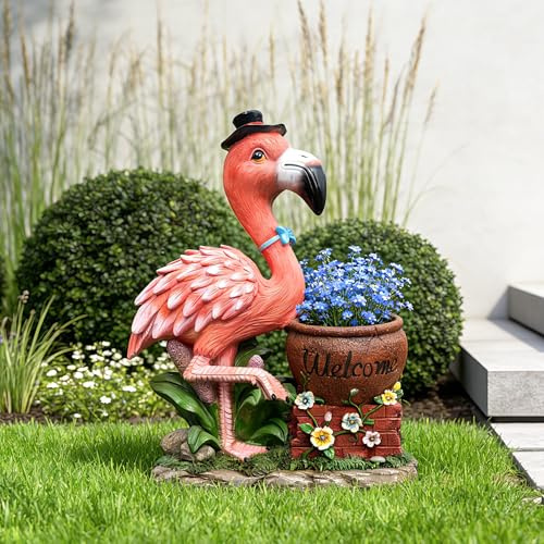 26.8 Solar Pink Flamingo Garden Statue with Welcome Planter Pot - Resin Figurine with LED Lights & 7 Flower Pot - Whimsical Outdoor Decor for Patio, Yard, Lawn, Porch - Unique Housewarming Gift