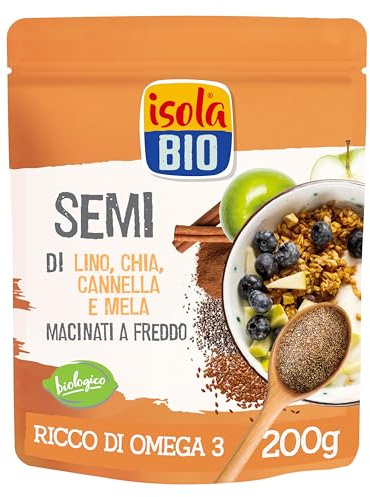 ISOLA BIO Semi Lino Chia Cannella e Mela Macinati Bio 200g | Superfood, fonte di proteine e calcio, ricco di fibre e omega-3, senza glutine, senza zuccheri aggiunti, vegan