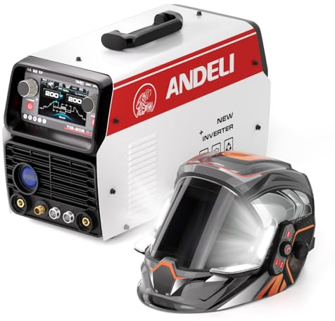ANDELI 10 en 1 Soldador TIG de Aluminio AC/DC, Pedal de Pie, 205A, LCD,ANDELI Casco de Soldadura Automático con 4 LED True Color