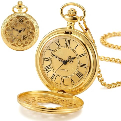 Caybats Vintage Taschenuhr, Retro Quarz Taschenuhr mit Kette Klassische Römische Ziffern Präzises Uhrwerk für Herren und Damen Elegantes Accessoire Geschenk für Vater Opa Geburtstag,Goldene
