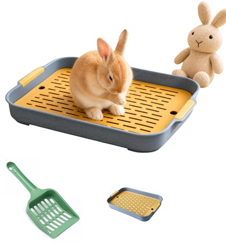 Large Rabbit Litter Tray,Rectangular Rabbit Cage Toilet Tray with Foodspoon | Small Animal Litters Box Toilet, Pet Potty Trainer with Drawer for Bunny Guinea Pig Cat Hamster Chinchilla(Blue & Yellow)