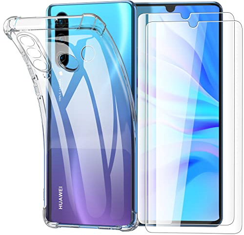 Garegce für Huawei P30 Lite Hülle, Huawei P30 Lite New Edition Hülle mit 2 Stück Panzerglas, Handyhülle Huawei P30 Lite Transparent Stoßfest Silikon Weiche Schutz Case Cover, 6.15 Zoll - Klar