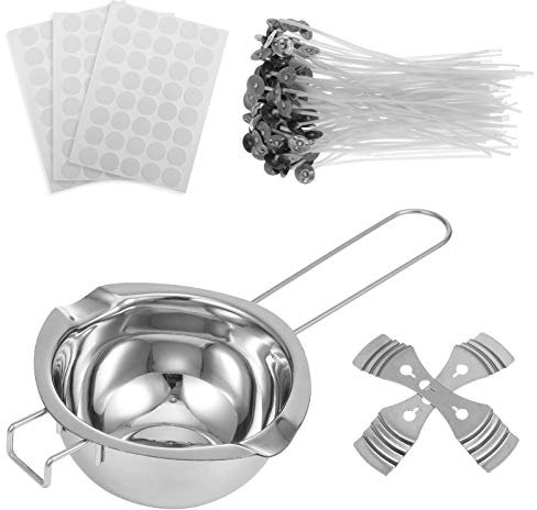 metagio Kerzendocht Dochte für Kerzen Set 120 STK Kerzendochte,120 STK Dochtaufkleber, 2 STK Dochte Festen Halter mit 1 Schmelztopf Edelstahl Candle Wick für die Kerzenherstellung DIY