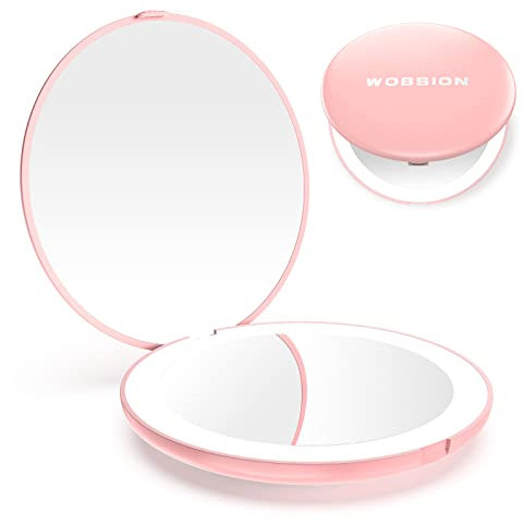 WOBSION Mini Led Specchietto da Borsetta,LED Specchio Piccolo Specchio 10x Con Luce,3.5 Pollici,Specchietto da Borsa,Specchio Portatile,Regalo per Ragazza,Compatto Pieghevole,Specchio da Viaggio,Rosa