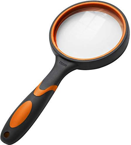 Audamp Handlupe 10-Fach, 75 mm Glaslinse, Rutschfester Griff, Orange | Echtglas-Linse,10-fache Vergrößerung,Soft-Grip,vielseitige Anwendung