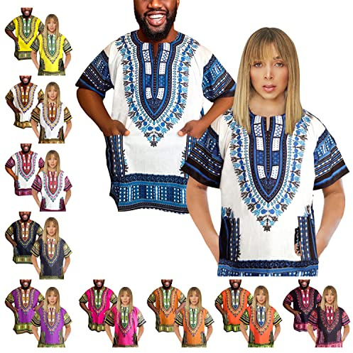 Adalex Global Traditional African Unisex Dashiki Shirt Color Tribal Festival Hippie Africa Shirt Men Women Summer Wear (Small, White Blue)