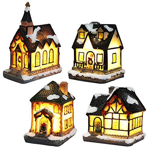 WeihnachtshäUser Mit Beleuchtung 4 StüCk/Set, Harz Weihnachtsdekoration Schneehaus, Weihnachten Das Wesentliche, Beleuchtete Miniatur-GebäUdelandschaft,FüR Desktop-Dekoration (4 Stück)