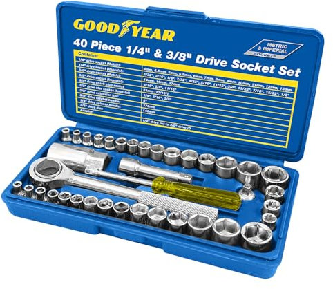 Goodyear 40 Pieces Socket Driver Set with 1/4 & 3/8 Sockets Metric Imperial Ratchet Bolts Spark