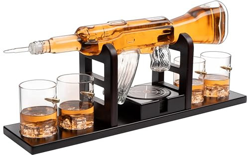 KROWN KITCHEN - Gun Whiskey Decanter Set. Includes Whiskey glasses, coasters, and wood base. Perfect Dad Gifts. For bourbon, scotch, liquor, 850ml