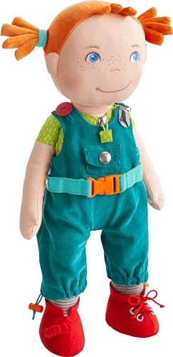 HABA Muñeca de Aprendizaje Lucie, Gran muñeca de Tela de 45 cm, a Partir de 2 años, para Aprender a Atar Diferentes Sistemas de Cierre y Calzado