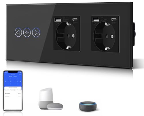 BSEED WiFi Smart Alexa Touch Dimmerschalter + Doppelt 3 in 1 Steckdose mit 2.1 A USB Ladeleistung + Type C Adapter，Google Home Tuya Kompatibel, Glas Touch Schalter (Neutralleiter Benötigt) Schwarz