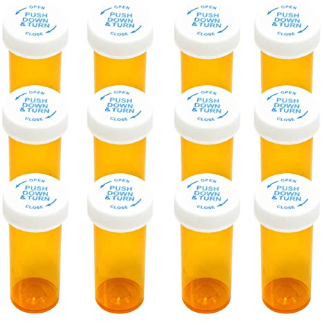 Botellas de píldoras con tapa resistente a los niños, frascos recetados - Empuje hacia abajo y gire - Recipientes de plástico para medicamentos personales y farmacia (8dram, ámbar, 12 piezas)