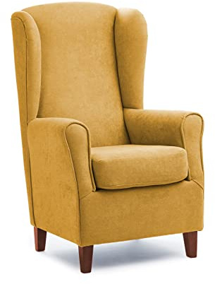 Sillonea- Sillón Torre Eiffel, Ideal para Personas Altas, con Respaldo Alto DE 70 cm. Butaca orejera para salón. Sillón orejero Individual 75x85x115 cm. Tela Antimanchas. (Mostaza, Cerezo)