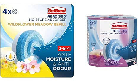 Unibond AERO 360° Moisture Absorber Wildflower Meadow Refill Tab,Four Pack (4x450g),2851729,White and Blue & AERO 360° Moisture Absorber Lavender Garden Refill Tab, Twin Pack (2 x 450g)