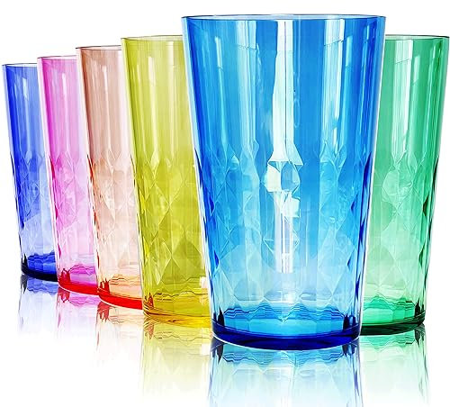 SCANDINOVIA - 1 Pint Unbreakable Premium Drinking Water Glasses Diamond Design - Set of 6 - Super Grade Acrylic Plastic Tumbler Cups - BPA Free - Dishwasher Safe - Stackable