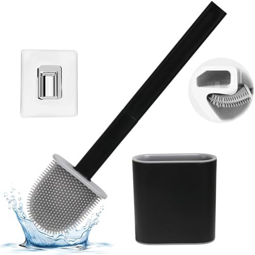 Prmape Scopino WC Silicone, Spazzolone WC, Porta Scopino da Parete Adesivo Nero, Spazzola per Bagno e Toilette