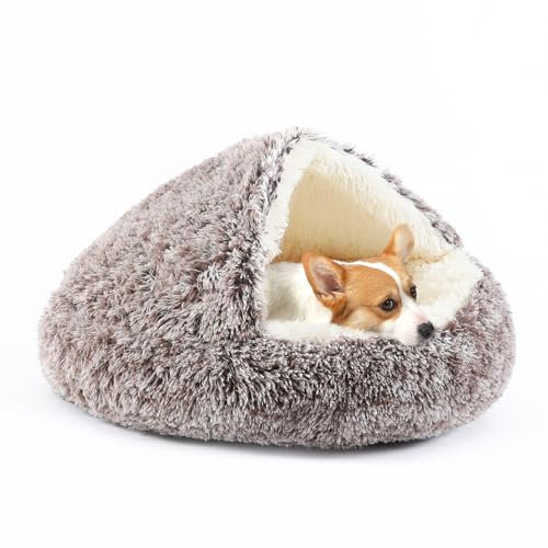 KITTYWOO Hundebett, rund, mit Kapuze, Plüsch, Katzenhöhle, selbstwärmend, Donut-Form, Anti-Angst, flauschiges Haustierbett für Welpen und Kätzchen