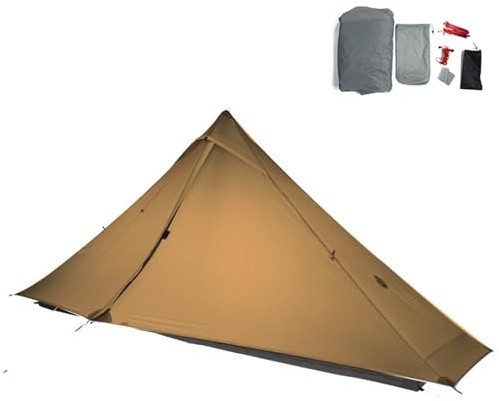 Telomat 3FULGEAR Lanshan1 Pro ultralätt campingtält för 1 person 3/4 säsong professionell 20D nylon dubbelsidigt silikontält, camping, vandring, kajakpaddling, klättring, vandring (kaki 4 säsong)