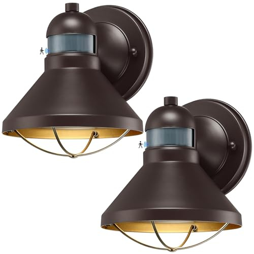LONEDRUID 2 Pack Motion Sensor Outdoor LED Wall Sconce Dusk to Dawn Exterior Barn Light Fixtures Brown Outside Porch Lantern Farmhouse Wall Mount Garage Lamp for House Patio Front Door