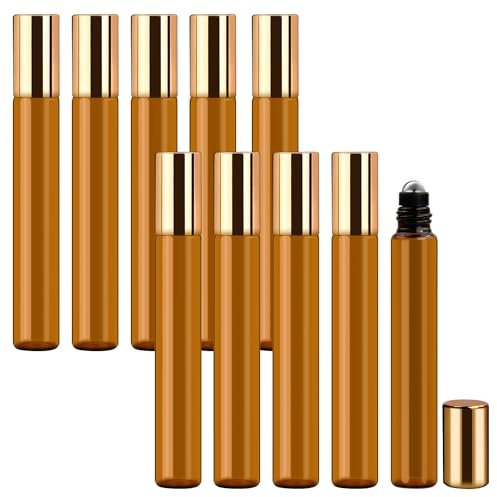 Rapidbok 10 Piezas Recargable Botella Roll On, Roll on para Aceites Esenciales, Botellas de Rodillo con Roll-on Bola de Acero Inoxidable, Frascos de Vidrio Ambar para Perfumes, Masajes