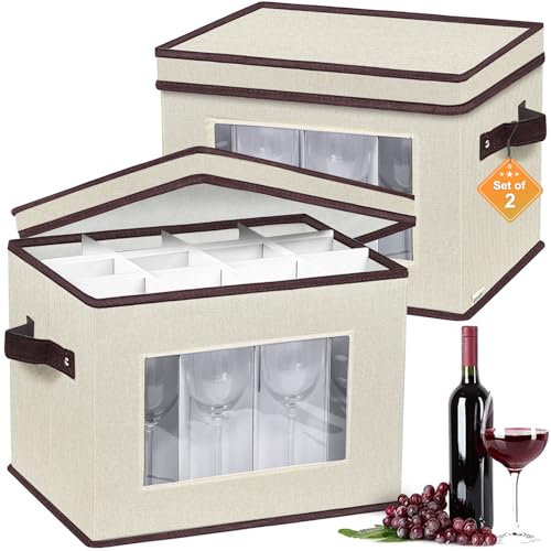 homyfort 2 Pack Wine Glass Storage Box with Dividers, Stemware Storage Case Organizer, China Crystal Glass Storage Containers for 24 Goblets (Beige)