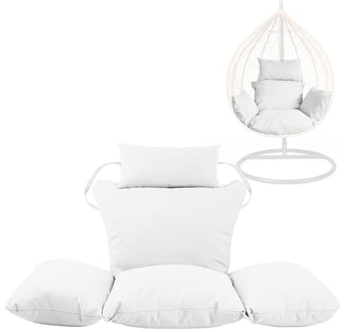 Swing Egg Chair Replacement Cushion, Foldable Water-Resistant Hanging Basket Swing Chair Cushion with Headrest Pillow, Outdoor Porch Backyard Patio Hammock Swing Replacement Cushions (White)