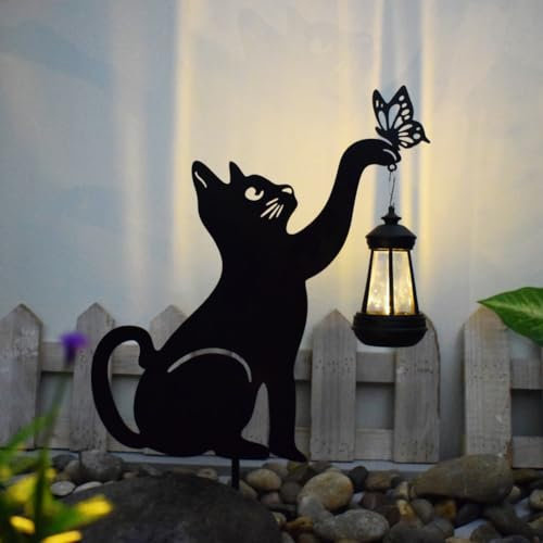 Starnearby Statue Jardin Exterieur Chat en Métal 2D avec Lampe Solaire, Silhouette Chat Jardin, Piquet de Jardins Décoratif, Décoration Sculpture Extérieur, Figurine Jardins Exterieur